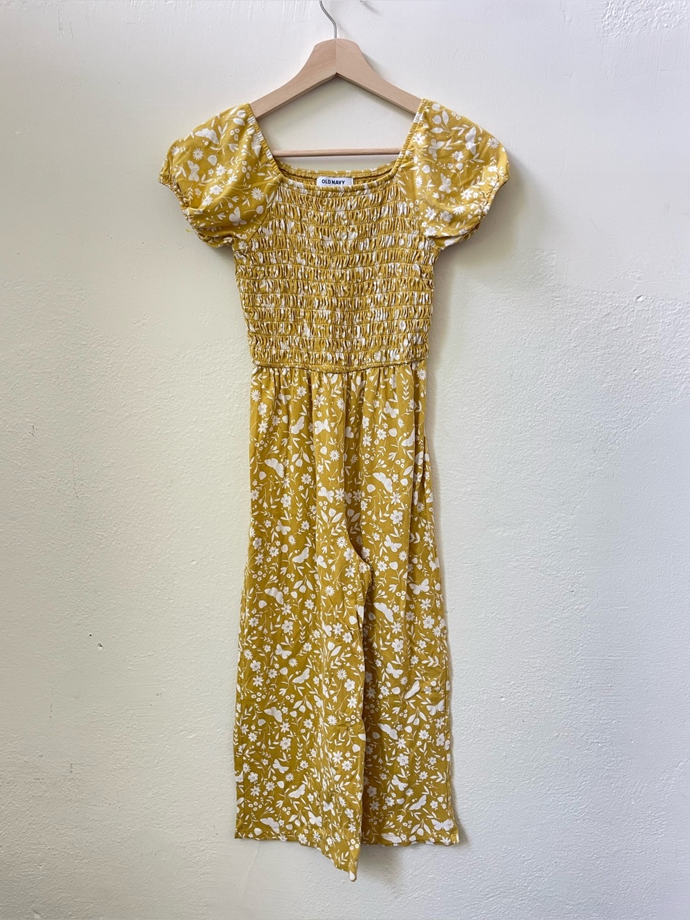 Old Navy Girls Yellow Floral Smocked Wide Leg Cotton Jumpsuit Size L 10-12